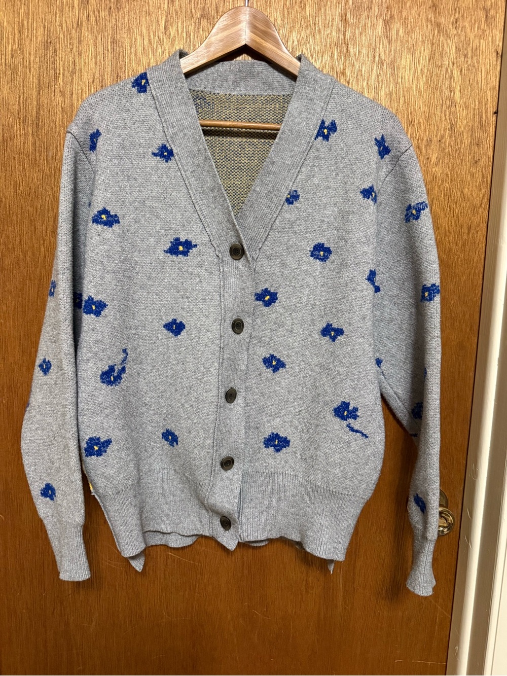 Oversized Ader Gray Floral Knit Cardigan with Blue Accent Flowers